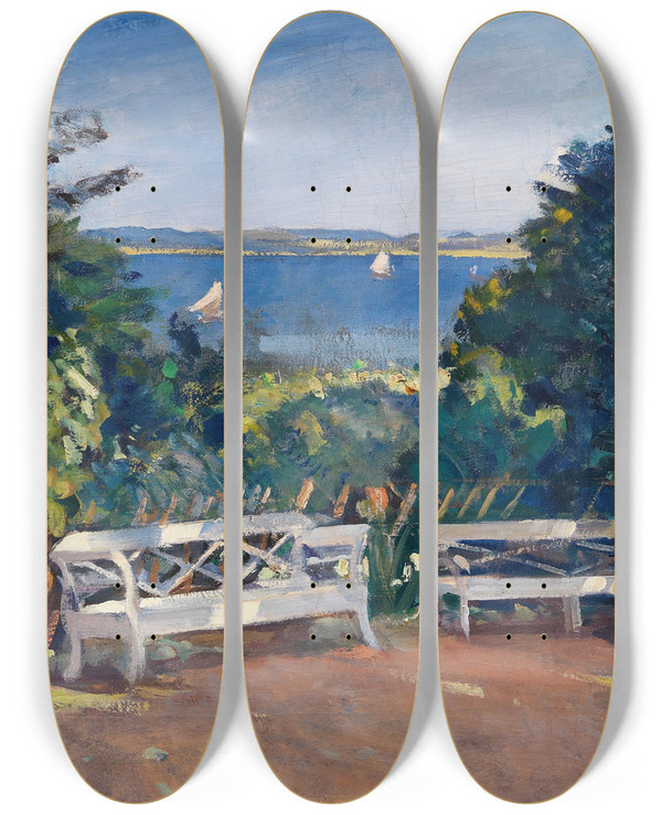 Triptych art skateboard deck of Ulrich Hbner Garten In Travemnde by Ulrich Hubner (1872-1932)