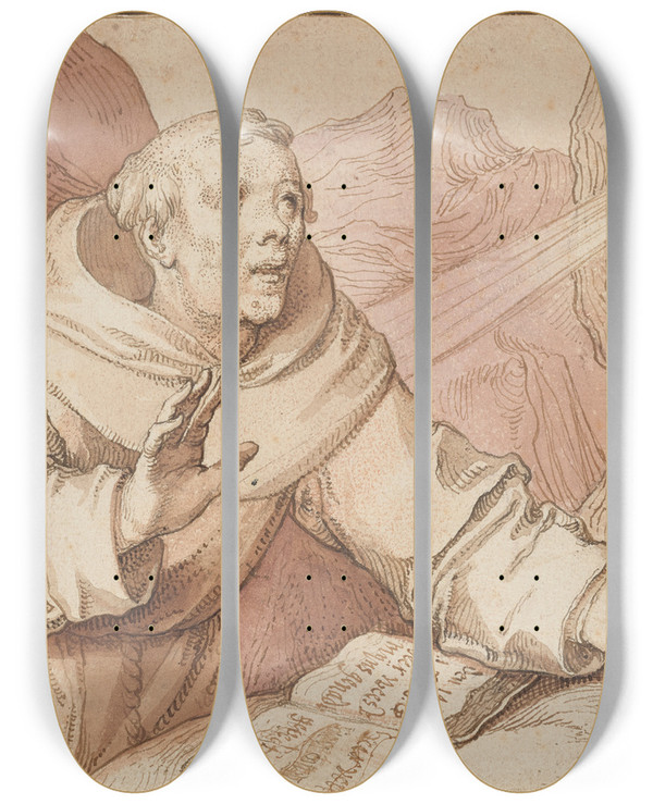 Triptych art skateboard deck of Gerrit Pietersz Saint Francis Receiving The Stigmata by Gerrit Pietersz (1566-1612)