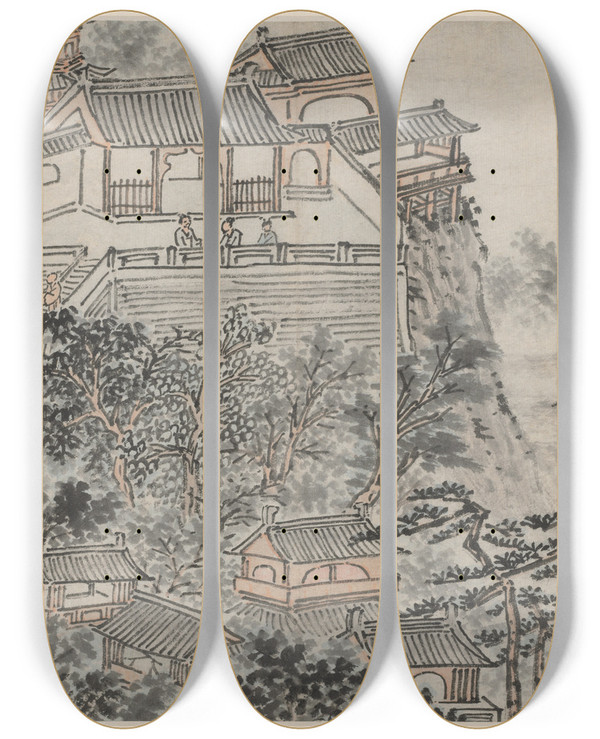 Triptych art skateboard deck of Shen Zhou The Five Sages Terrace by Shen Zhou (1427-1509)