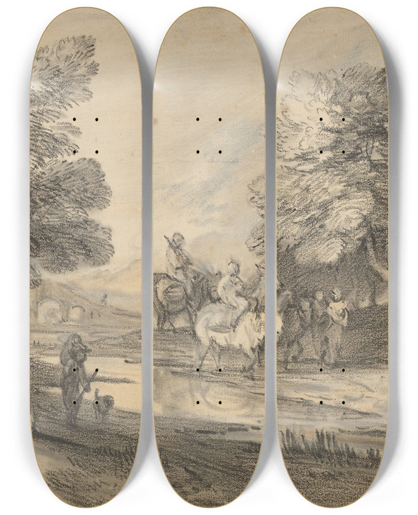 Triptych art skateboard deck of Thomas Gainsborough Wooded Landscape With Horseman Figures And Bridge by Thomas Gainsborough (1727-1788)