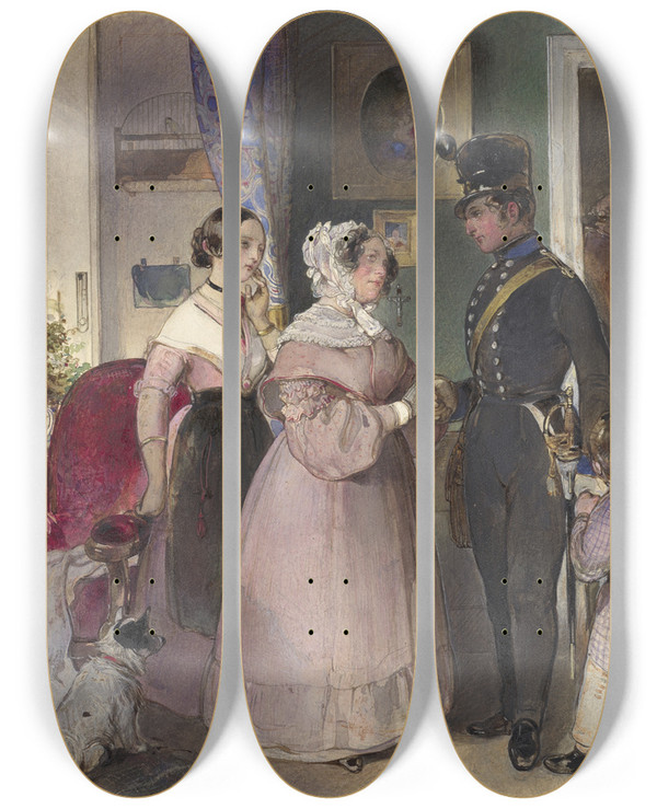 Triptych art skateboard deck of Carl Schindler A Young Officer Saying Farewell To His Family by Carl Schindler (1821-1842)