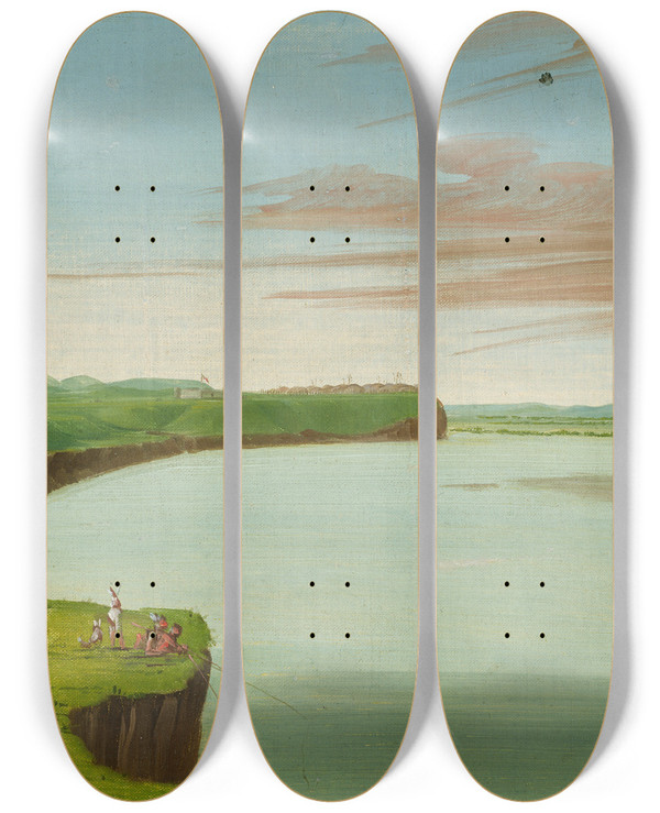 Triptych art skateboard deck of George Catlin Distant View Of The Mandan Village_2 by George Catlin (1796-1872)