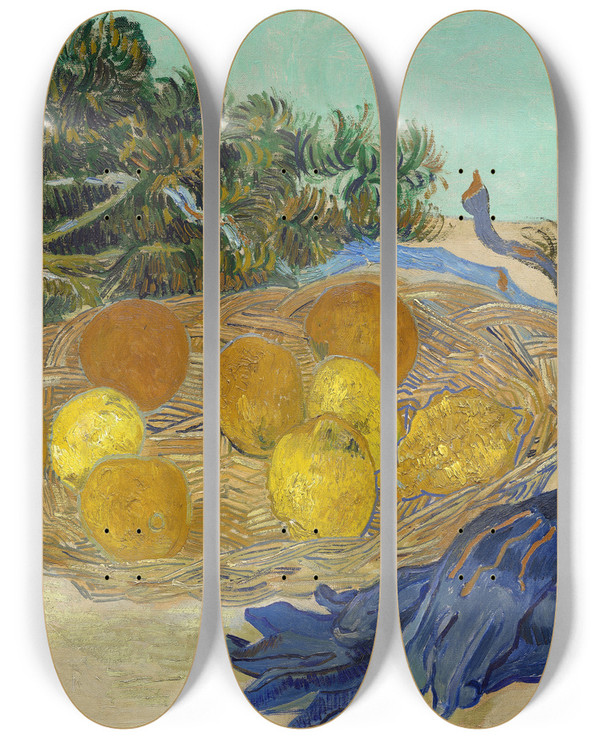 Triptych art skateboard deck of Vincent Van Gogh Still Life Of Oranges And Lemons With Blue Gloves by Vincent van Gogh (1853-1890)