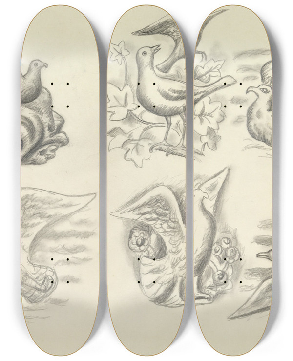Triptych art skateboard deck of Leo Gestel Ontwerpen Voor Een Watermerk Van Een Bankbiljet Zes Ontwerpen Met Vogels by Leo Gestel (1881-1941)