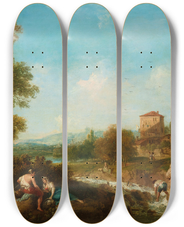 Triptych art skateboard deck of Francesco Zuccarelli An Arcadian Landscape With Figures Near A Stream A Village Beyond by Francesco Zuccarelli (1702-1788)