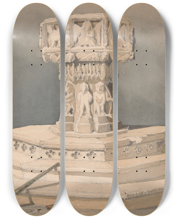 Triptych art skateboard deck of John Sell Cotman Font At Happisburgh Church Norfolk by John Sell Cotman (1782-1842)