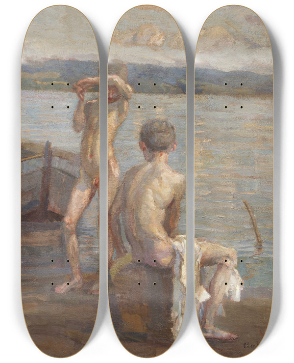 Triptych art skateboard deck of Christian Landenberger Badende Knaben Am Seeufer by Christian Landenberger (1862-1927)