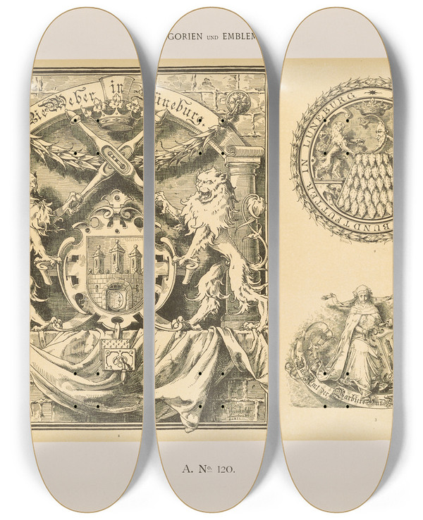 Triptych art skateboard deck of Albert Ilg Allegorien Und Embleme Vol Ii Pl130 by Albert Ilg (1847-1896)