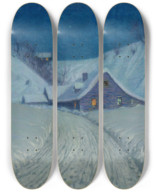 Triptych art skateboard deck of Birge Harrison Winters Cabin At The Curve by Birge Harrison (1854-1929)