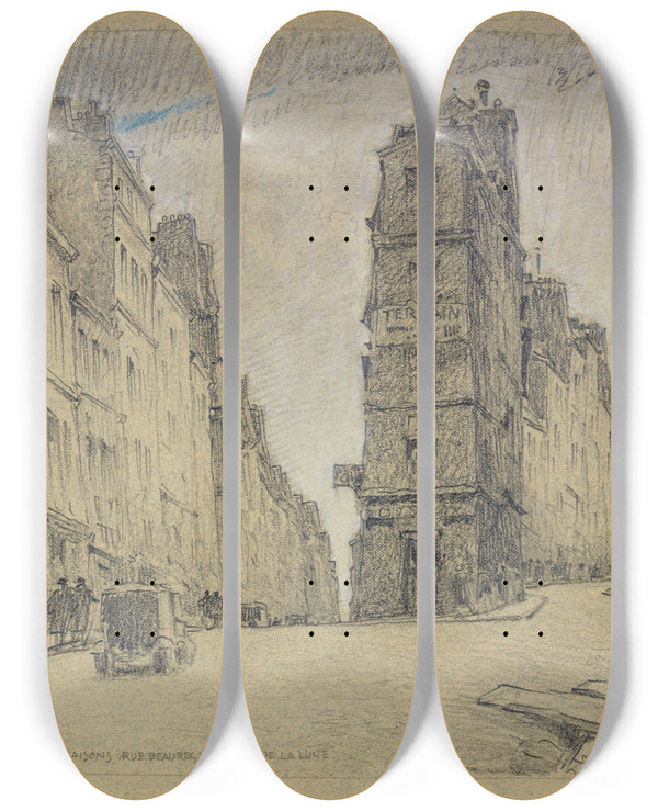 Triptych art skateboard deck of Ferdinand Boberg Vieilles Maisons Rue Beauregard Et Rue De La Lune by Ferdinand Boberg (1860-1946)
