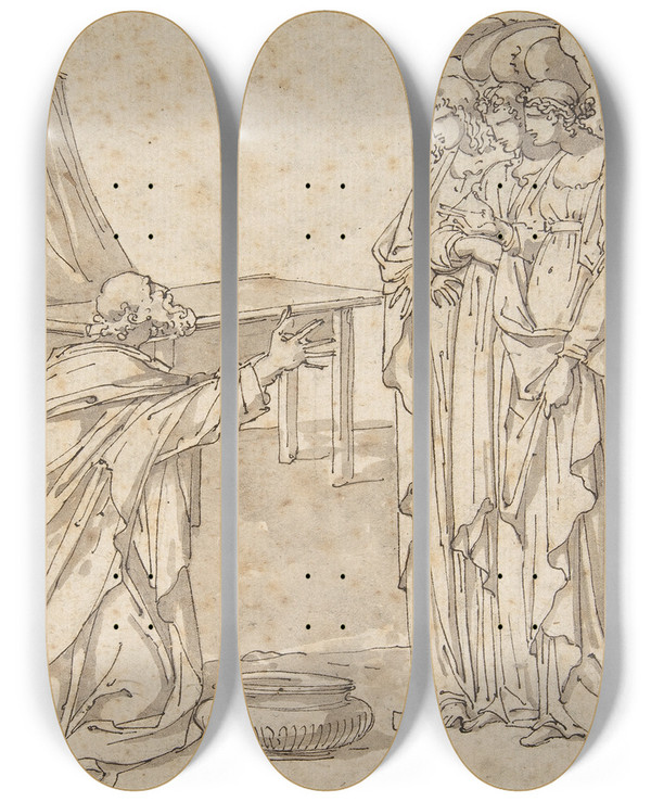 Triptych art skateboard deck of Charles Meynier Three Angels Visiting Abraham by Charles Meynier (1768-1832)