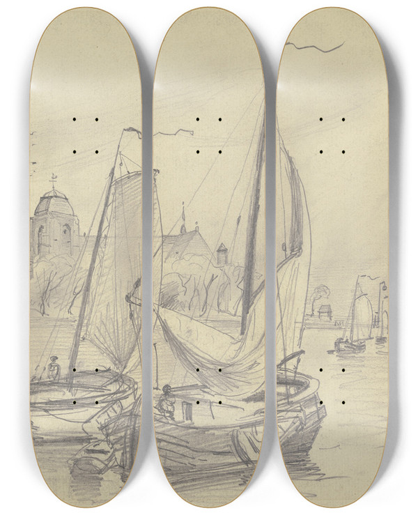 Triptych art skateboard deck of Friedrich Ernst Morgenstern In The Port Of Veere by Friedrich Ernst Morgenstern (1853-1919)