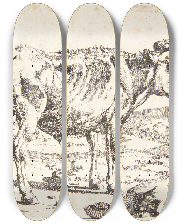 Triptych art skateboard deck of Marcus De Bye Stende Tyrekalv Vendt Mod Hjre by Marcus de Bye (1638-1688)