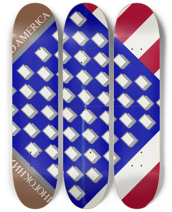 Triptych art skateboard deck of Us Information Agency Manybooked America by U S Information Agency (1953-1999)
