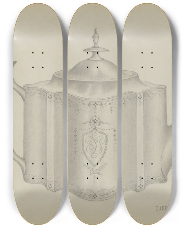 Triptych art skateboard deck of Eugene La Foret Silver Teapot by Eugene La Foret