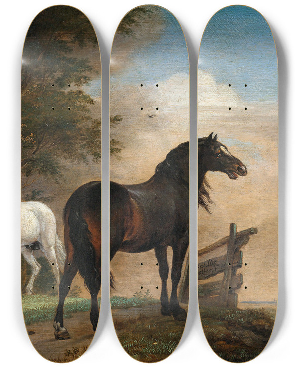 Triptych art skateboard deck of Paulus Potter Two Horses In A Meadow Near A Gate by Paulus Potter (1625-1654)