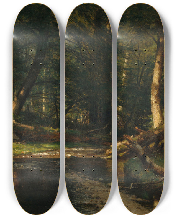 Triptych art skateboard deck of Worthington Whittredge The Brook In The Woods by Worthington Whittredge (1820-1910)