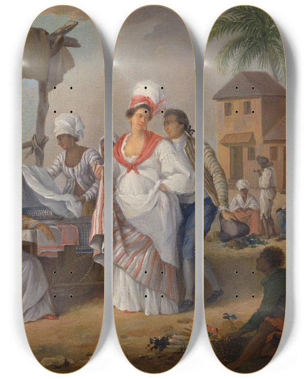 Triptych art skateboard deck of Agostino Brunias Market Day Roseau Dominica by Agostino Brunias (1730-1796)