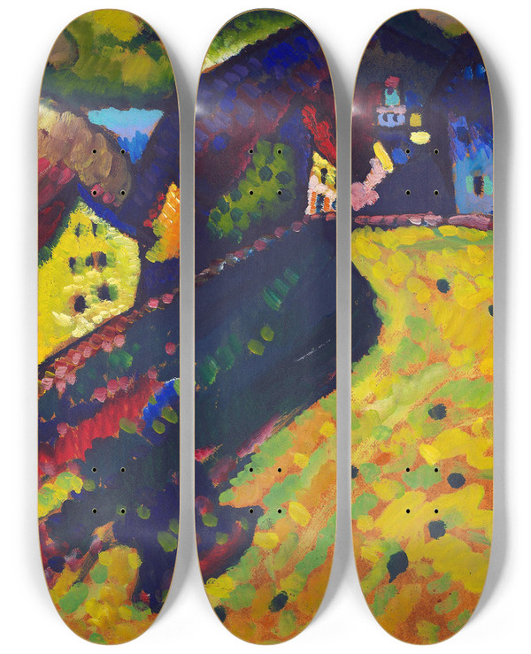 Triptych art skateboard deck of Wassily Kandinsky Houses At Murnau by Wassily Kandinsky (1866-1944)