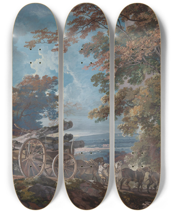 Triptych art skateboard deck of George Barret Timber Wain On A Rough Road by George Barret (1767-1842)