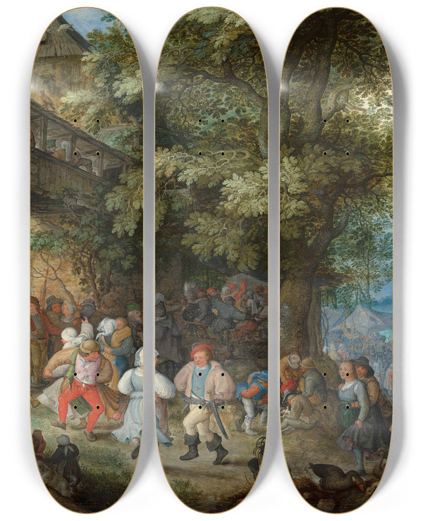 Triptych art skateboard deck of Roelant Savery Peasants Dancing Outside A Bohemian Inn by Roelant Savery (1576-1639)