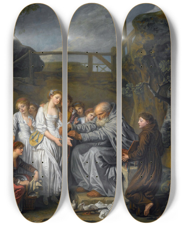 Triptych art skateboard deck of Jeanbaptiste Greuze The Hermit by Jean-Baptiste Greuze (1725-1805)
