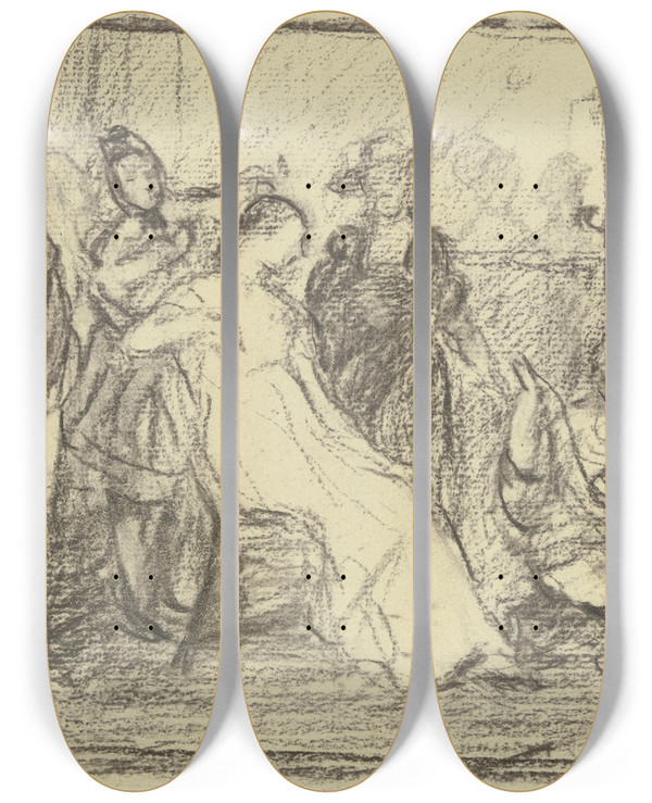 Triptych art skateboard deck of Otto Scholderer Vorbereitung Zum Kostmball_3 by Otto Scholderer (1834-1902)