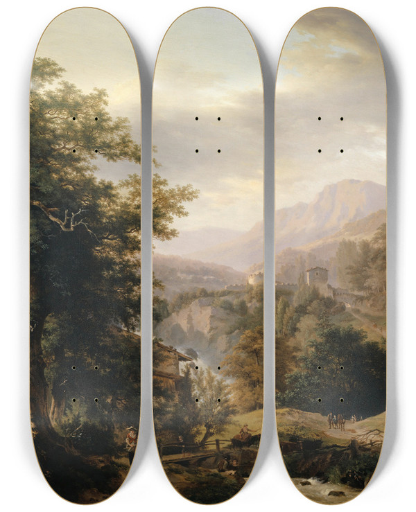 Triptych art skateboard deck of Wolfgang Adam Tpffer Mountainous Landscape With Staffage Figures And Stream by Wolfgang Adam Topffer (1766-1847)