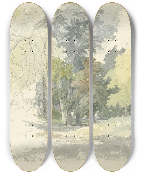 Triptych art skateboard deck of Robert Hills A Woodland Glade by Robert Hills (1769-1844)