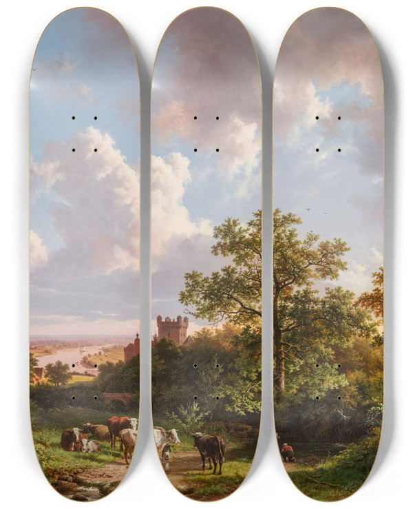 Triptych art skateboard deck of Barend Cornelis Koekkoek A Panoramic Landscape With A View On The Middlerhine With A Castle by Barend Cornelis Koekkoek (1803-1862)