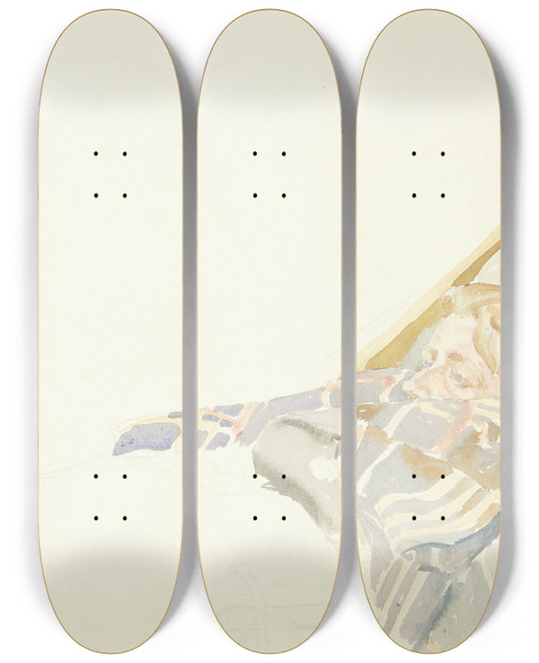 Triptych art skateboard deck of Peter Hansen Ung Mand Indsvbt I Plaid Liggende I En Liggestol by Peter Hansen (1868-1928)