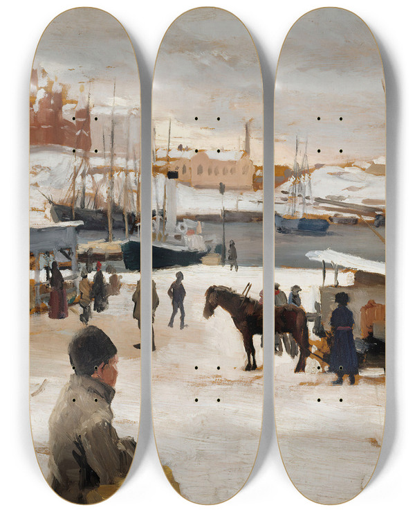 Triptych art skateboard deck of Albert Edelfelt Winter Day In Helsinki Market Square by Albert Edelfelt (1854-1905)
