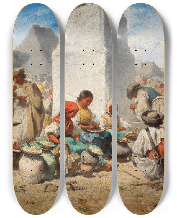 Triptych art skateboard deck of August Von Pettenkofen Markt In Szolnok Mit Der Dreifaltigkeitssule by August Von Pettenkofen (1822-1889)