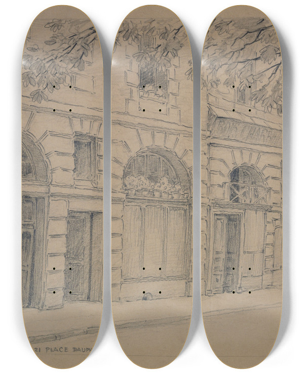 Triptych art skateboard deck of Ferdinand Boberg 1921 Place Dauphine by Ferdinand Boberg (1860-1946)
