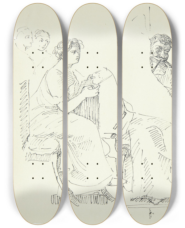 Triptych art skateboard deck of Peter Hansen Kopi Efter Antik Freske I Museet I Napolil Musikscene by Peter Hansen (1868-1928)