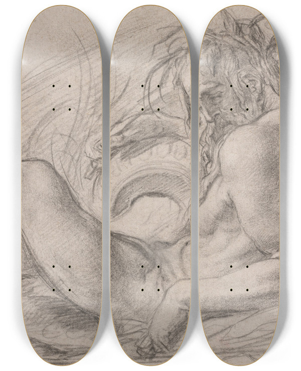 Triptych art skateboard deck of Bernardino Poccetti The River God Tiber Study For A Fresco Miracle Of The Snow Or The Foundation Of Santa Maria Maggiore Rome In The Canigiani Chapel Of S Felicita Florence by Bernardino Poccetti (1548-1612)