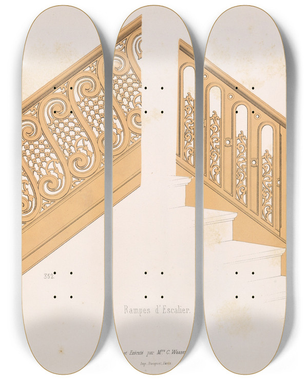 Triptych art skateboard deck of A Sanguineti La Decoration En Bois Decoupe Pl26 by A Sanguineti