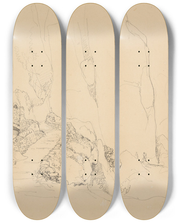Triptych art skateboard deck of Jacquesraymond Brascassat Chemin Flanc De Montagne by Jacques Raymond Brascassat (1804-1867)