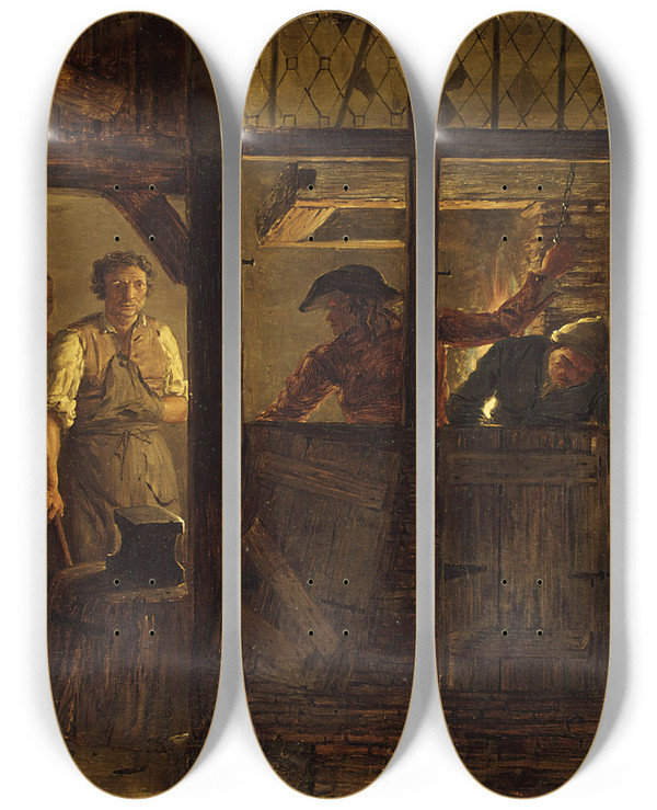 Triptych art skateboard deck of Lonard Defrance The Forge by Leonard Defrance (1735-1805)