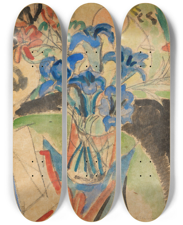 Triptych art skateboard deck of Ernst Ludwig Kirchner Stilleben Mit Enzian Und Trkenbund by Ernst Ludwig Kirchner (1880-1938)