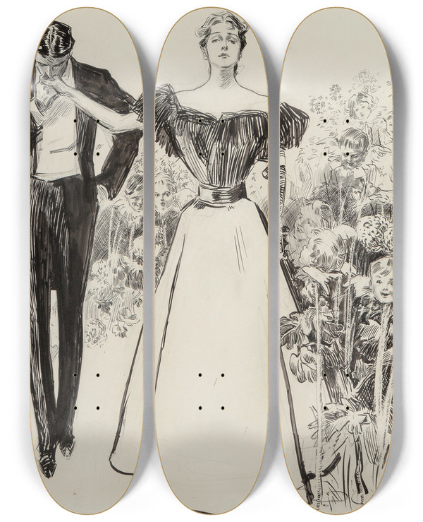 Triptych art skateboard deck of Charles Dana Gibson Garden Of Youth by Charles Dana Gibson (1867-1944)