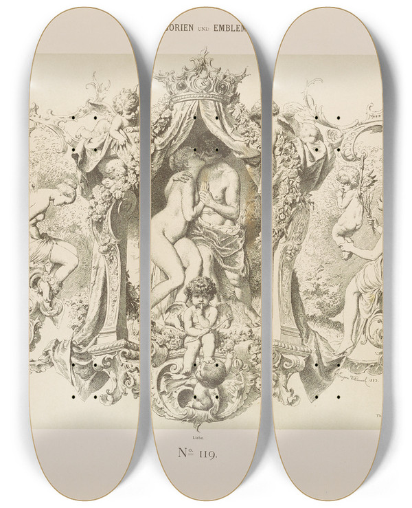 Triptych art skateboard deck of Albert Ilg Allegorien Und Embleme Vol I Pl139 by Albert Ilg (1847-1896)