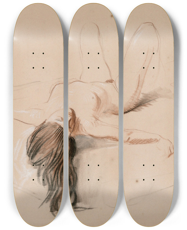 Triptych art skateboard deck of Jeanlouis Forain Nue Au Lit by Jean Louis Forain (1852-1931)
