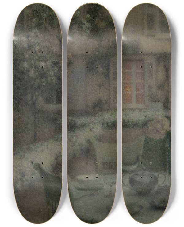 Triptych art skateboard deck of Henri Le Sidaner The Table In The White Garden At Gerberoy by Henri Le Sidaner (1862-1939)