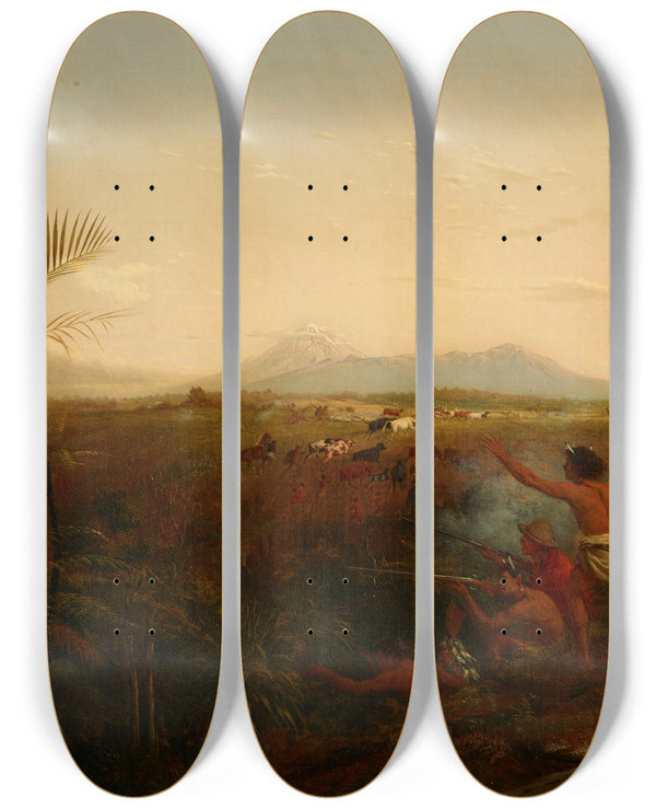 Triptych art skateboard deck of William Strutt View Of Mt Egmont Taranaki New Zealand Taken From New Plymouth With Maoris Driving Off Settlers Cattle by William Strutt (1825-1915)