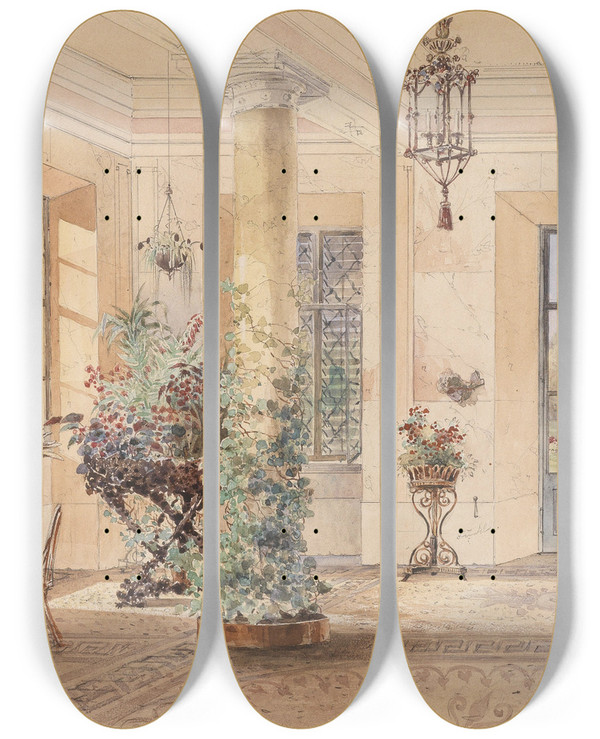 Triptych art skateboard deck of Anton Altmann The Younger Sala Terrena In Einem Schlchen by Anton Altmann The Younger (1808-1871)