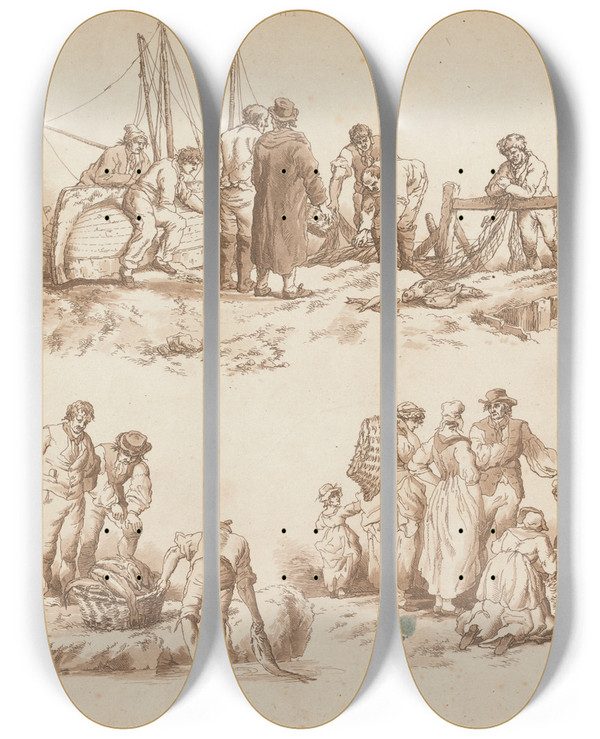 Triptych art skateboard deck of William Henry Pyne Fishermen by William Henry Pyne (1769-1843)