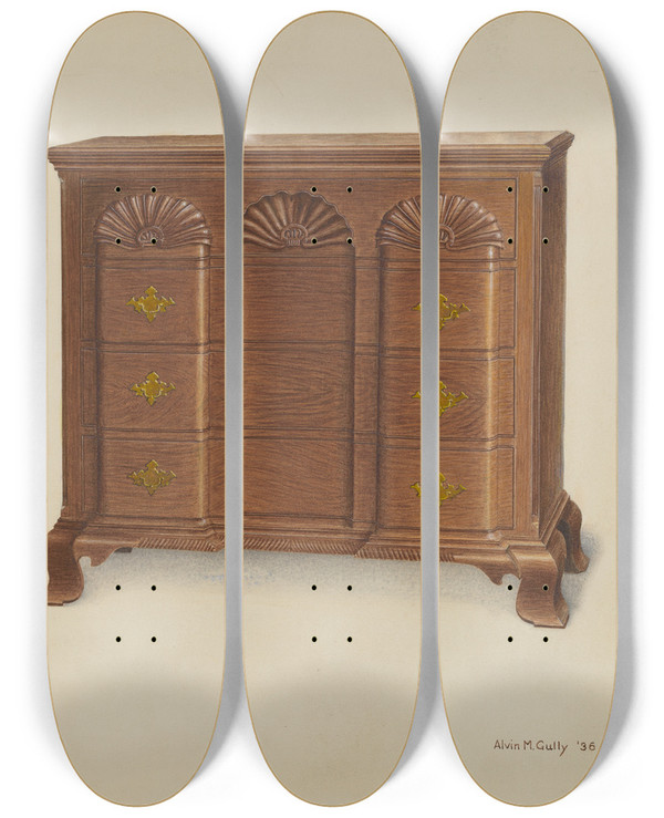 Triptych art skateboard deck of Alvin M Gully Block Front Chest Of Drawers by Alvin M Gully