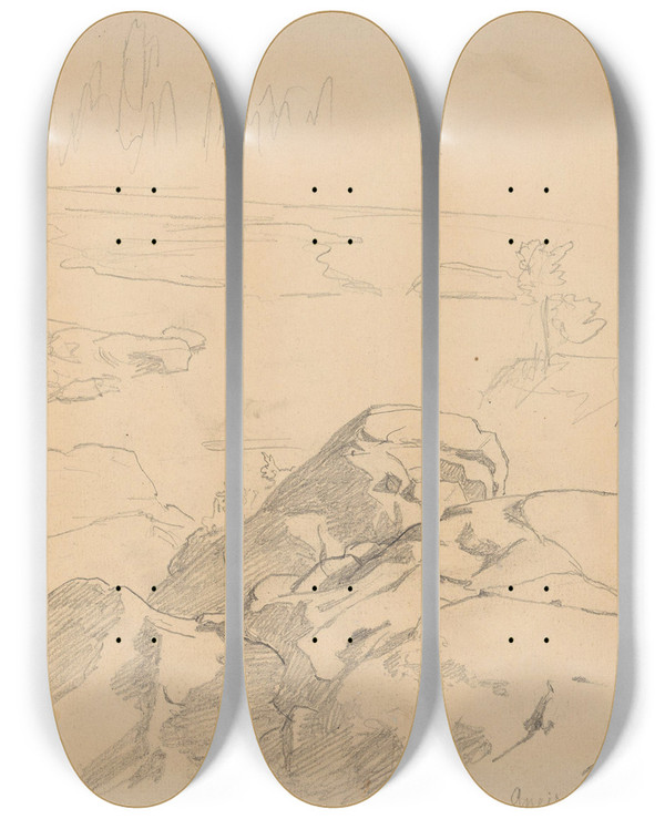 Triptych art skateboard deck of Hans Gude Fra Labro by Hans Gude (1825-1903)