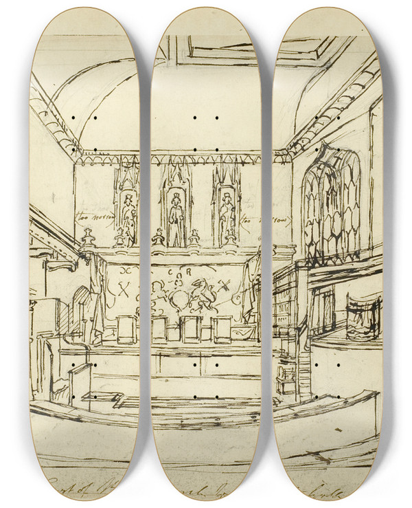 Triptych art skateboard deck of Augustus Charles Pugin Study For Court Of Kings Bench Westminster Hall From Microcosm Of London by Augustus Charles Pugin (1762-1832)